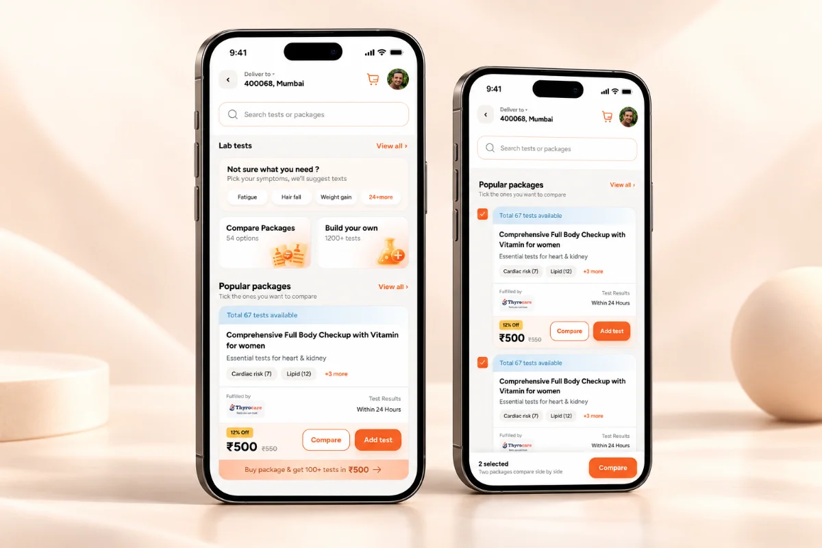 Lab-test packages app screens on two phones
