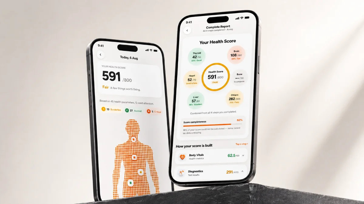 OHA Health Score app screens on two phones