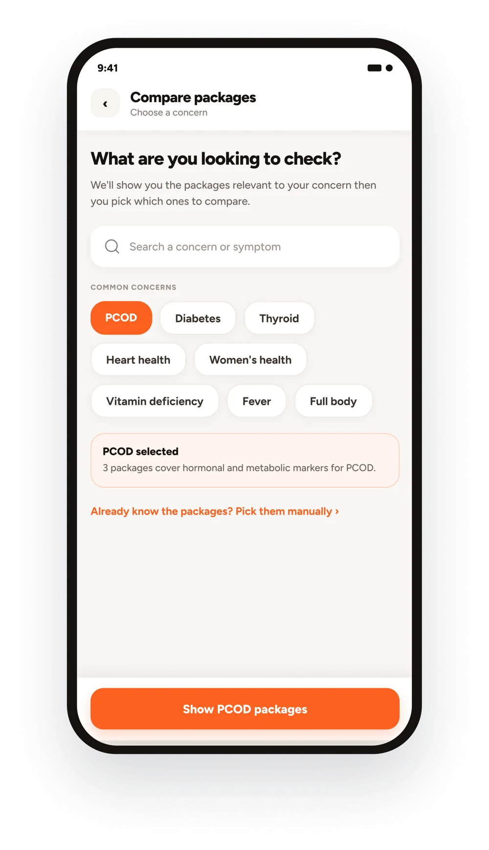 Compare packages screen: What are you looking to check? with PCOD selected among common concerns and a Show PCOD packages button