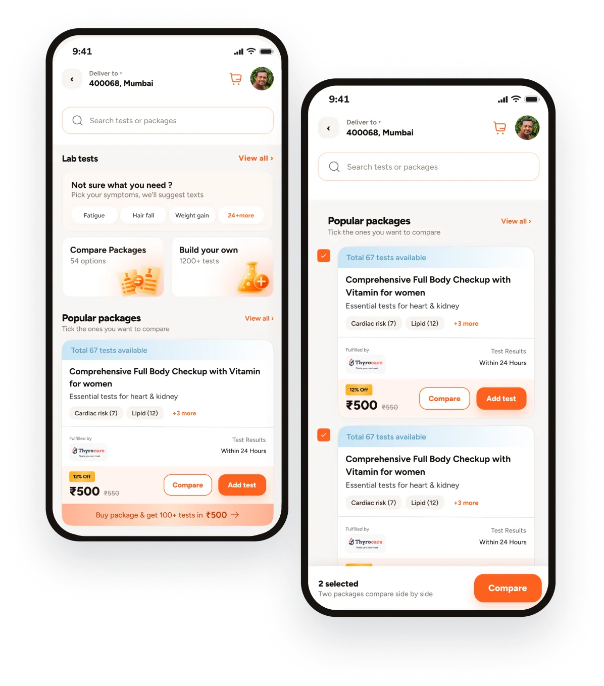 Two phone screens: the lab tests landing page and the popular packages list with two packages ticked for comparison