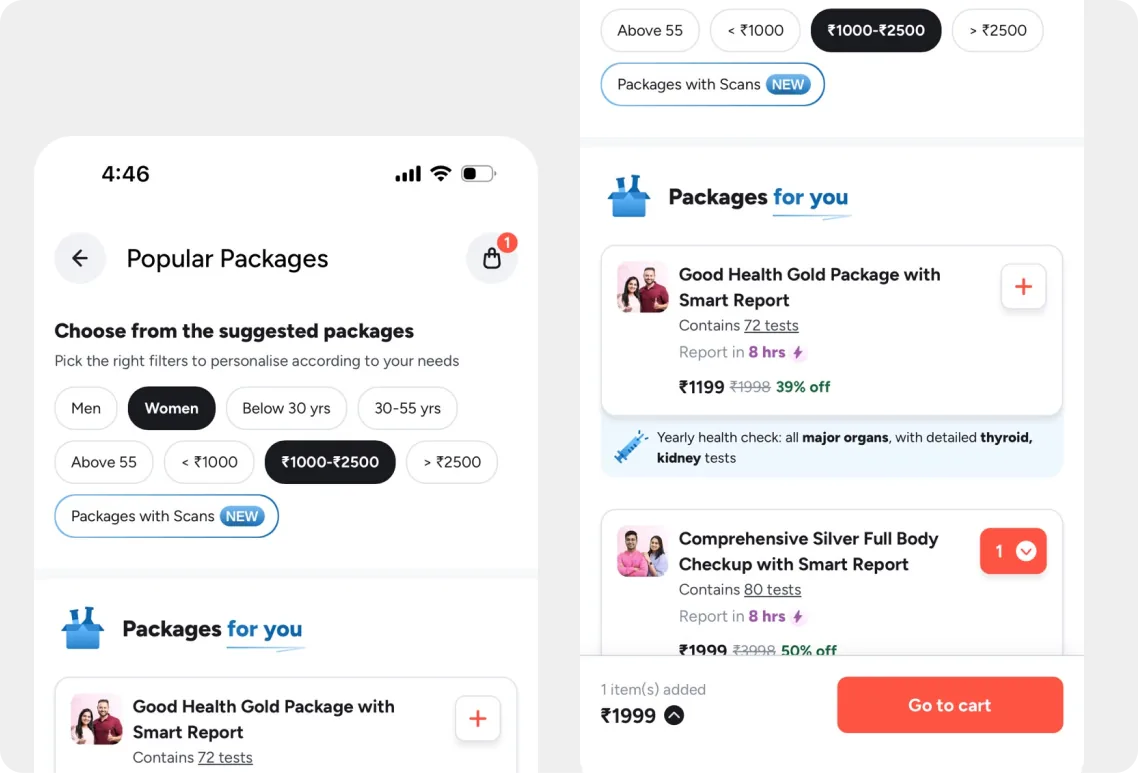 Marketplace A: Popular Packages with filters for gender, age and price, and suggested packages