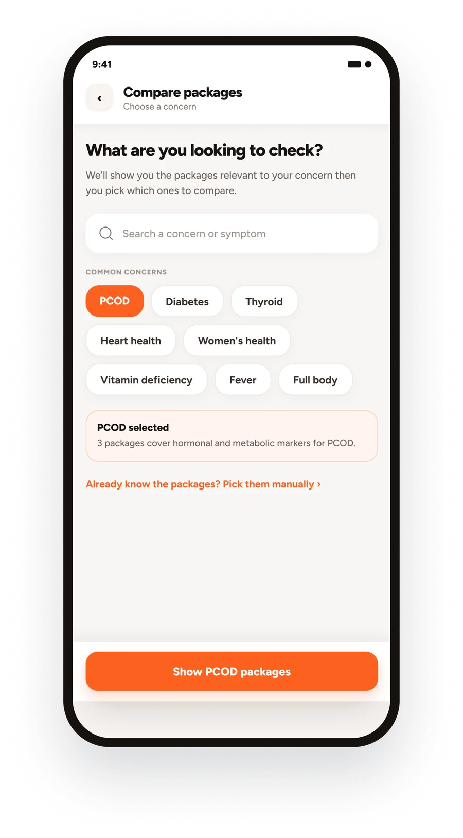 Choose a health concern: PCOD selected