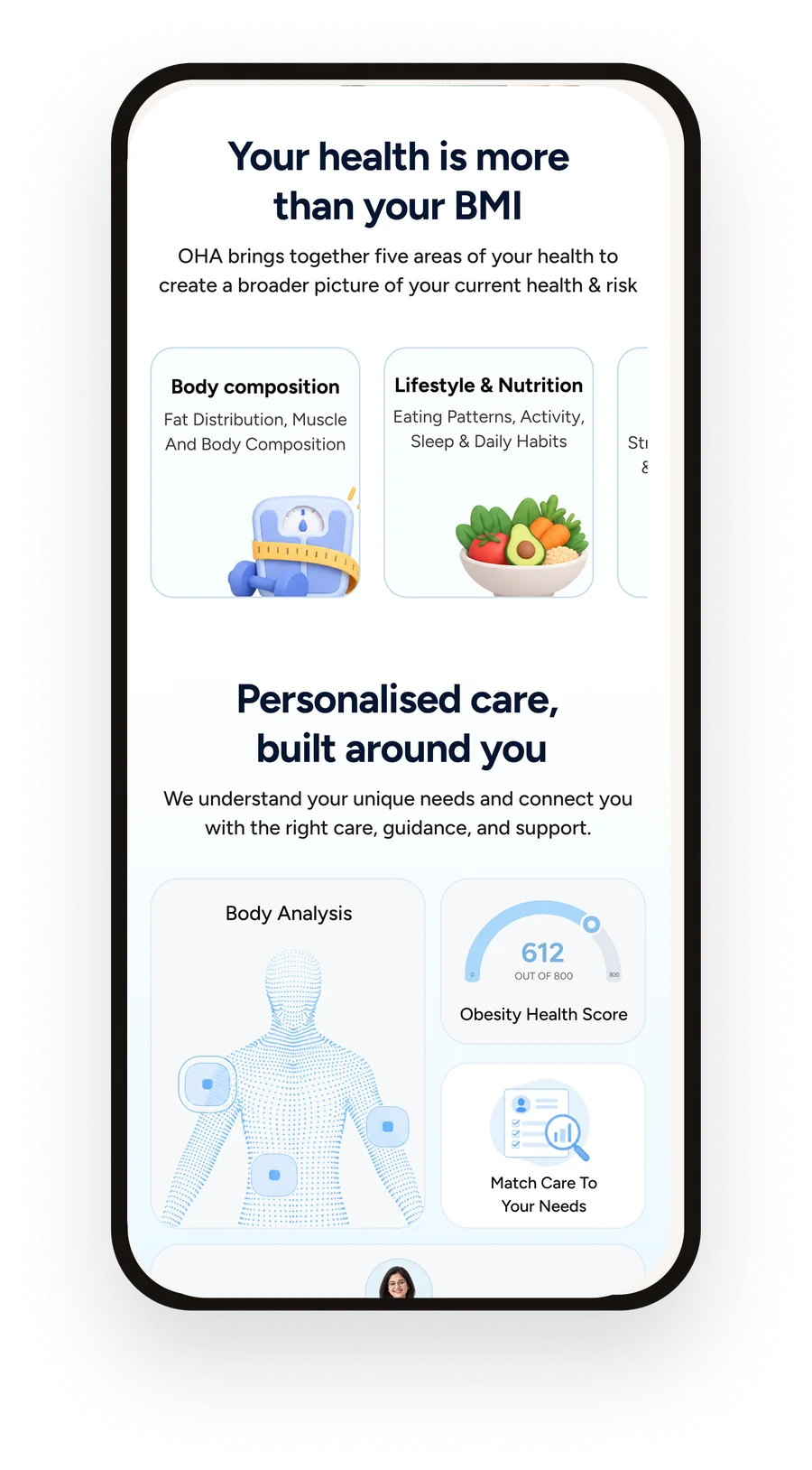 Screen: Your health is more than your BMI, with health domain cards