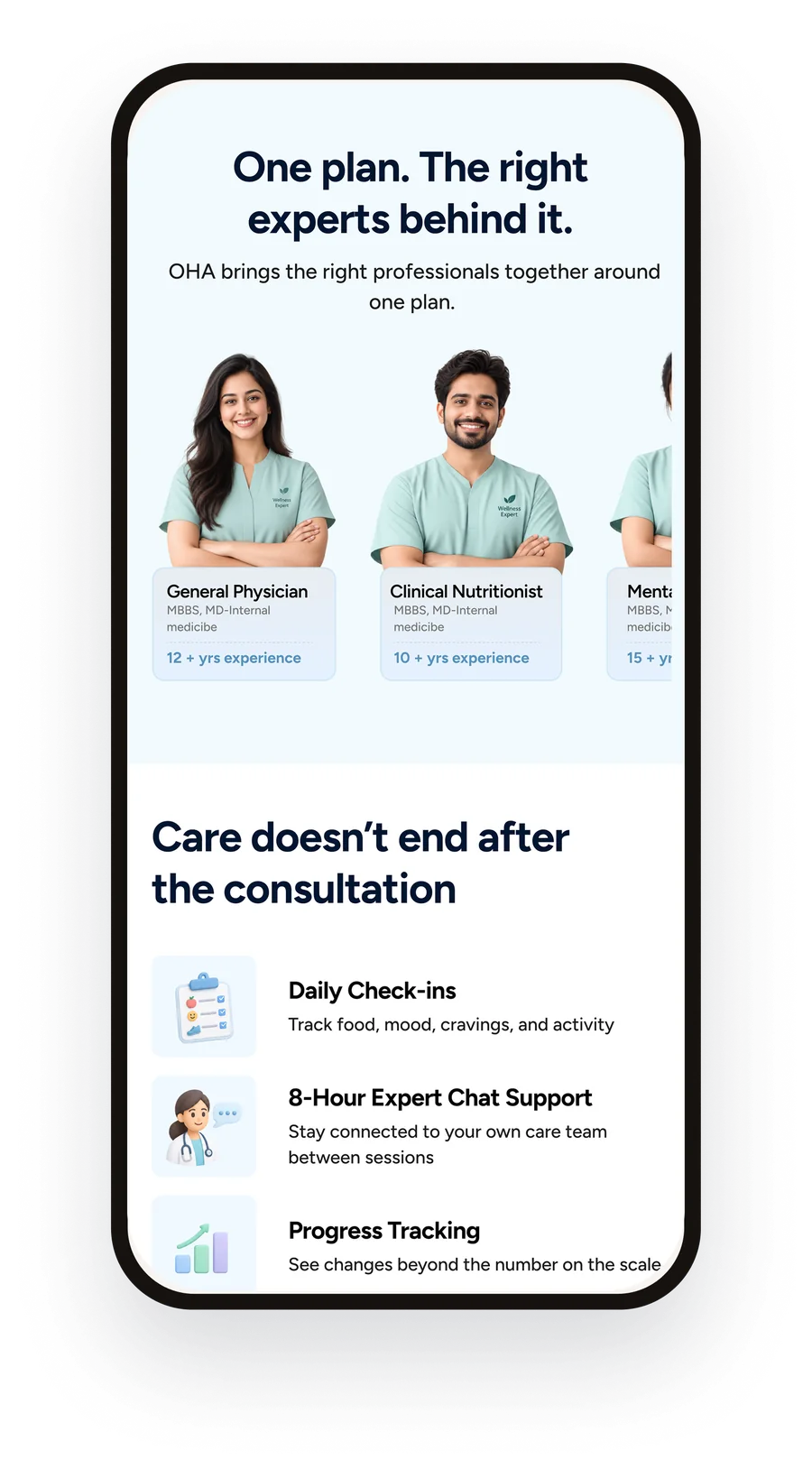 Screen: One plan. The right experts behind it, with the care team carousel