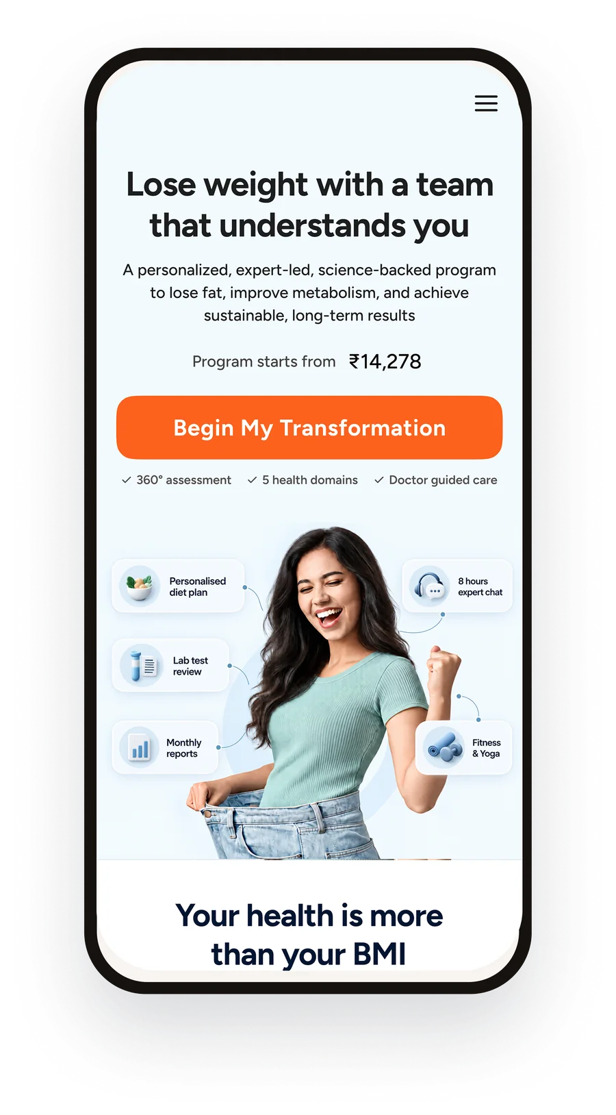 Landing page hero: Lose weight with a team that understands you, programme price and Begin My Transformation button
