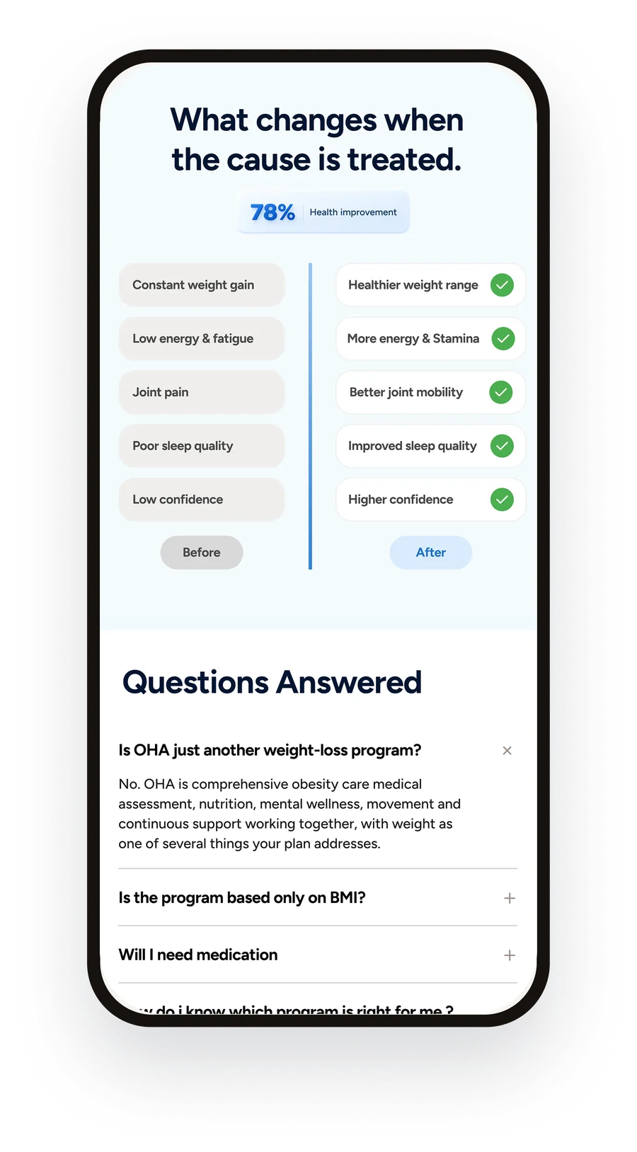 Screen: What changes when the cause is treated, before and after list, and Questions Answered FAQ