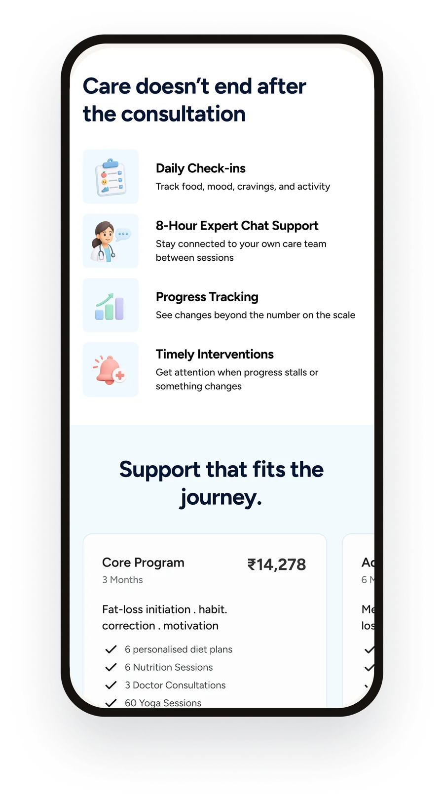 Screen: Care doesn’t end after the consultation, followed by plan pricing
