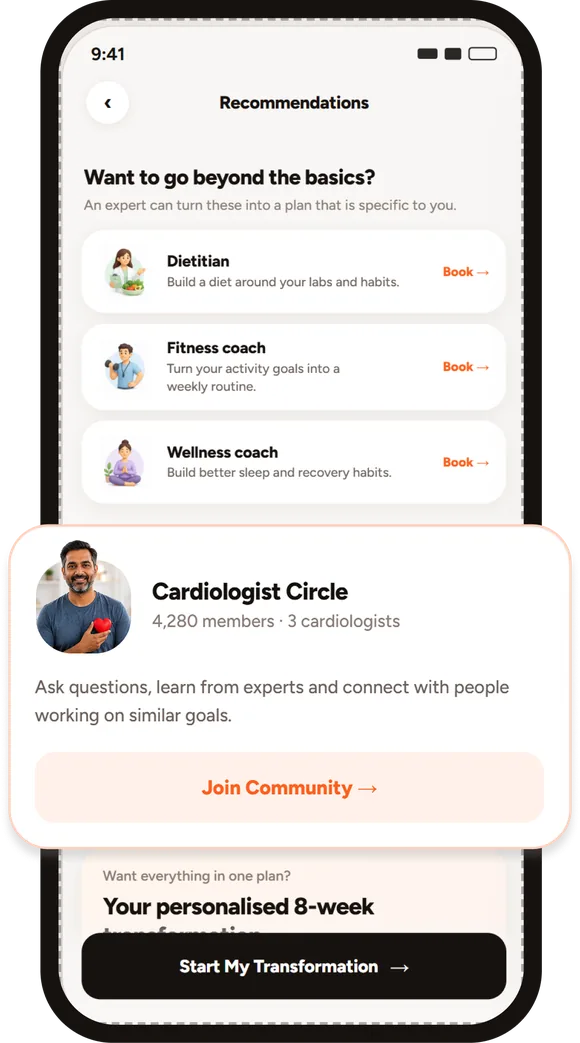 Recommendations screen with the Cardiologist Circle community card and Join Community action