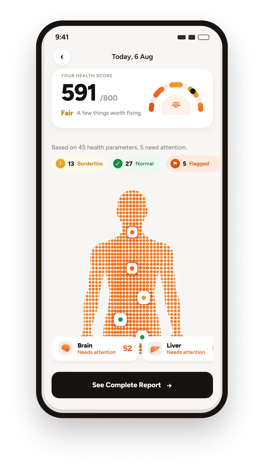 OHA Health Score screen: 591 of 800, Fair, with body map of flagged areas